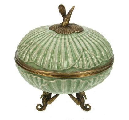 ПОРЦЕЛАНОВ БУРКАН С КАПАК  С БРОНЗОВ МОРСКИ ДЕКОР - ПЛАЖЕН КОРАЛ И МОРСКО КОНЧЕ 