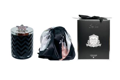 Herringbone Candle with Scarf - Black & Silver - Flower Brooch - Pink Champagne