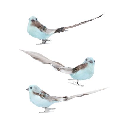 Polystyrene Clip on Bird 14cm - Pale Blue/Natural Feather, 3as
