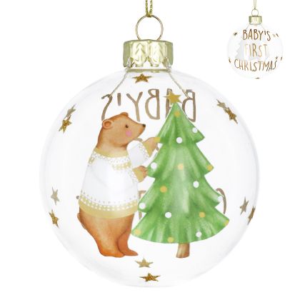 Glass Bauble 8cm - Clear Baby's First Christmas Teddy