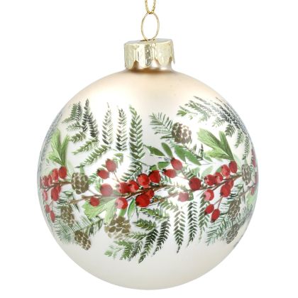   Glass Bauble 8cm - Pale Gold w Fir/Berry Band 