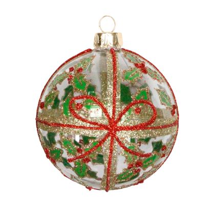  Glass Bauble 8cm - Clear w Sparkle Bow/Holly 