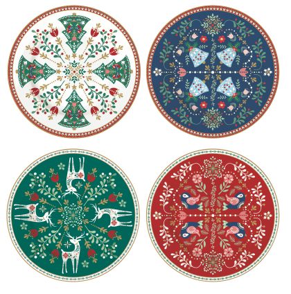 Set 4 porcelain dessert plates CHRISTMAS FOLK