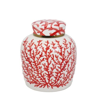 CANNISTER W/LID CORAL  WHITE/ORANGE-RED CERAMIC D26,5x30,5h