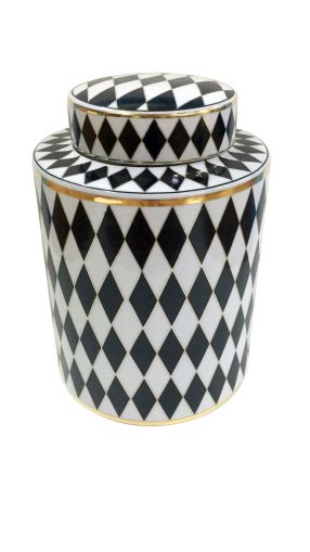 POT W/LID BLACK/WHITE CERAMIC CHESS