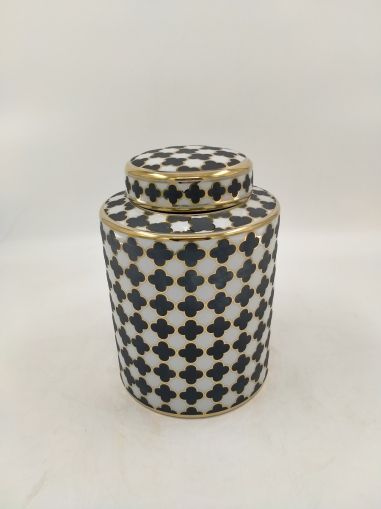 POT W/LID CERAMIC BLACK/WHITE/GOLD 'CLOVER' 