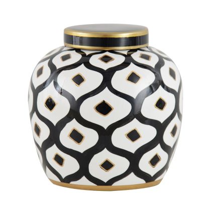 POT W/LID 'LAGOS' WHITE/BLACK/GOLD CERAMIC 