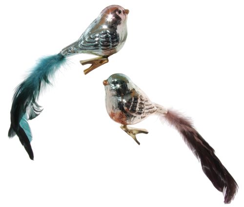 СТЪКЛЕНА ПТИЦА С  ЗЕЛЕНИ/ЛИЛАВИ ПЕРА НА КЛИПС