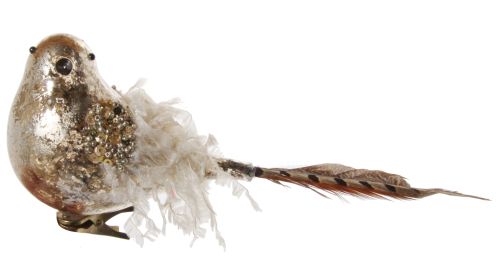 Glass bird antique gold with fringe feathers on clip
