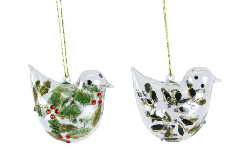 Clear Glass Bird w Holly/Mistletoe