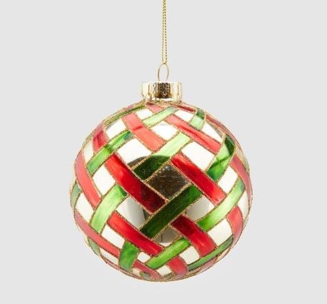 КОЛЕДНА СТЪКЛЕНА ТОПКА С ЧЕРВЕНО/ЗЕЛЕНИ ЛИНИИ