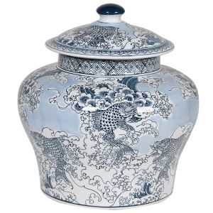 Blue and White Chinese Carp Lidded Jar