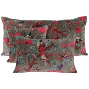 CUSHION COVER VELVET BIRDY  KAKI