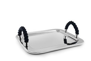 RECT. TRAY NICKEL+BLUE ROPE HANDLE 'RIMINI' 42x33cm