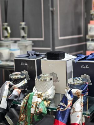 Herringbone Candle with Scarf - Black & Silver - Flower Brooch - Pink Champagne