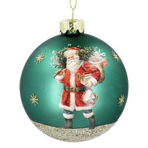 Glass Bauble 8cm - Matt Green Gold Sparkling Nostalgia Santa