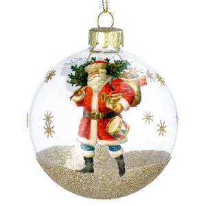   Glass Bauble 8cm - Clear Gold Sparkling Nostalgia Santa