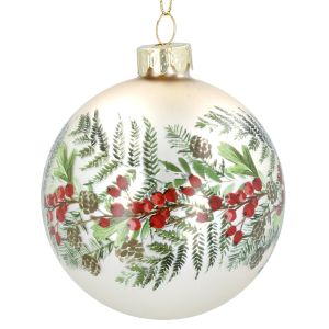   Glass Bauble 8cm - Pale Gold w Fir/Berry Band 
