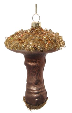 Glass mushroom ornament brown gold glitter top 