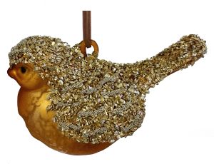 Glass bird antique brown gold glitter 10,5cm