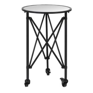 Black Round Mirrored Top Side Table On Wheels