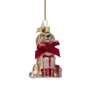 Ornament glass cockapoo dog w/candy cane H9cm