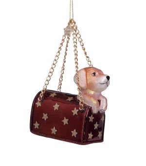 Ornament glass brown opal bag w/labrador puppy H7cm