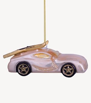 Ornament glass champagne opal car with skis on top H4cm
