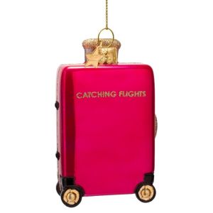 Ornament glass raspberry pink catching flight suitcase H10cm