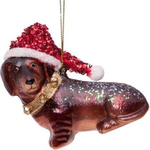 Ornament glass little dachshund w/hat H8cm