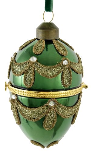 Glass opening egg shiny dk green w/gold glitter 11cm