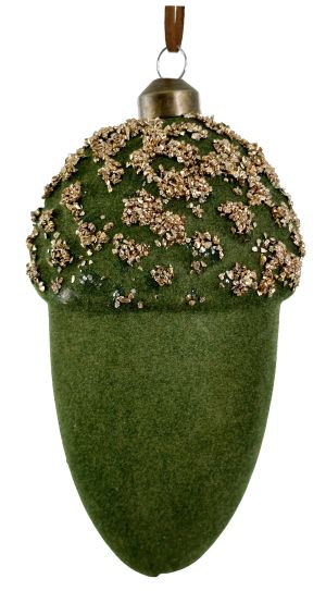 Glass acorn dk green velvet w/gold glass glitter top 14,5cm