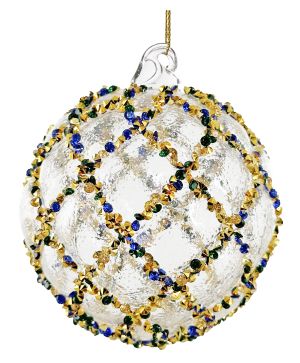 Glass velvet ball transparent w/gold-blue-green diamond lines