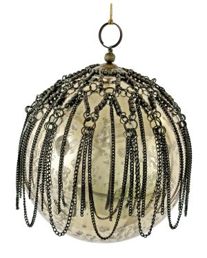 Glass ball antique gold with metal chain deco 12cm