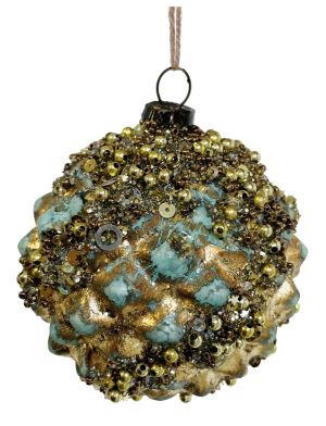 Glass ball gold frosted beaded wreath/tree deco mix2 10cm