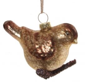 Glass bird brown on glitter branch 9cm