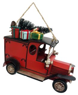 Metal antique car ornament red with Xmas tree