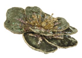 Velvet flower w/clip green-gold