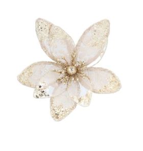 Clip on Flower - Magnolia w Gold Glitter