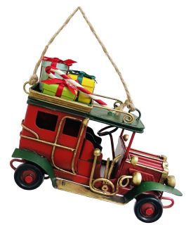 Metal antique car ornament red with with presents
