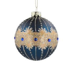 Matt Blue Glass Ball w Gold Jewel Band
