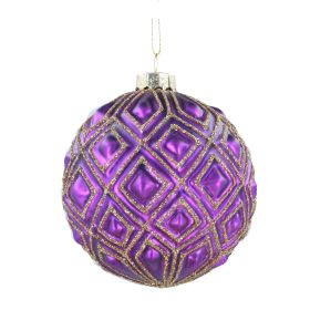 Glass Bauble -Shiny Purple/Gold Glitter Diamonds