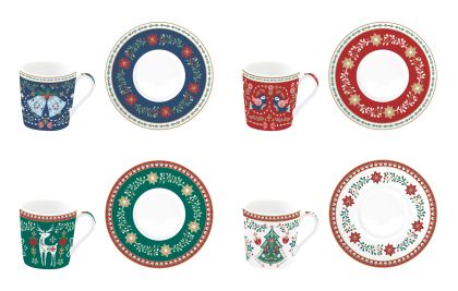 Set 4 porc.coffee cups & saucers  CHRISTMAS FOLK