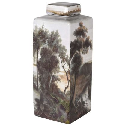 Ceramic Palm Tree and Heron Lidded Jar