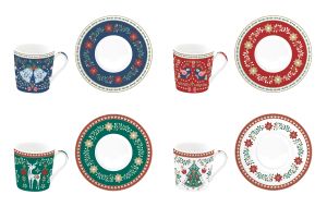 Set 4 porc.coffee cups & saucers  CHRISTMAS FOLK
