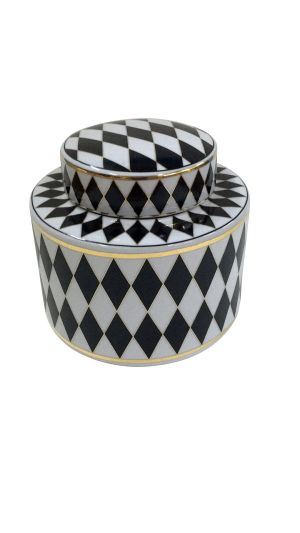 POT W/LID BLACK/WHITE CERAMIC CHESS