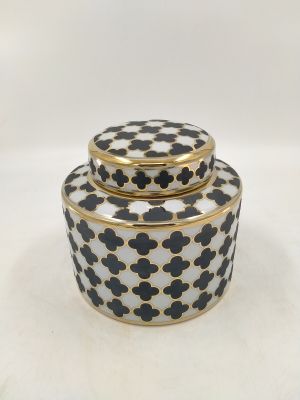 POT W/LID CERAMIC BLACK/WHITE/GOLD 'CLOVER' 