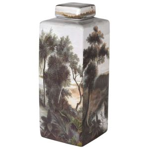 Голям керамичен буркан с капак с палма и чапла