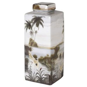 Керамичен буркан с капак с палма и чапла